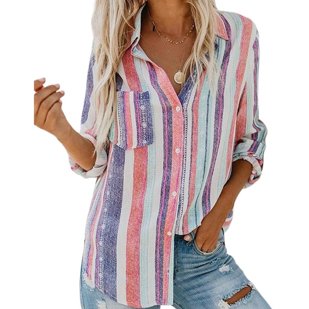 Zeyubird Longsleeve Rollup Button Down Purple Pink